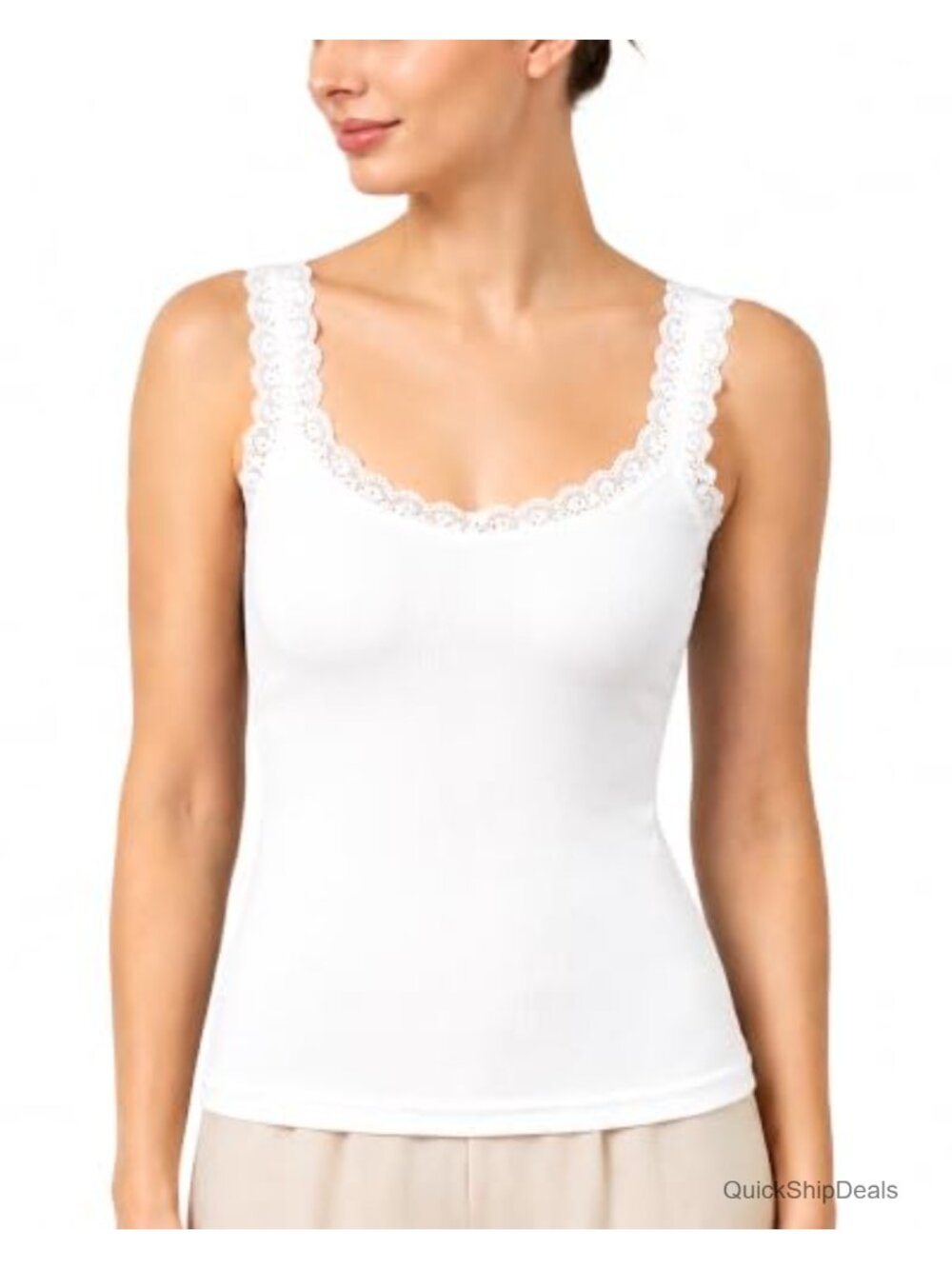 Women's Ribbed Knit Lace Trim Tank Top Sleeveless Layering Lounge Top